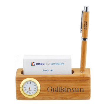 Bamboo Business Card & Pen Holder Clock - 1.8" L x 5.5" W x 1.8" H